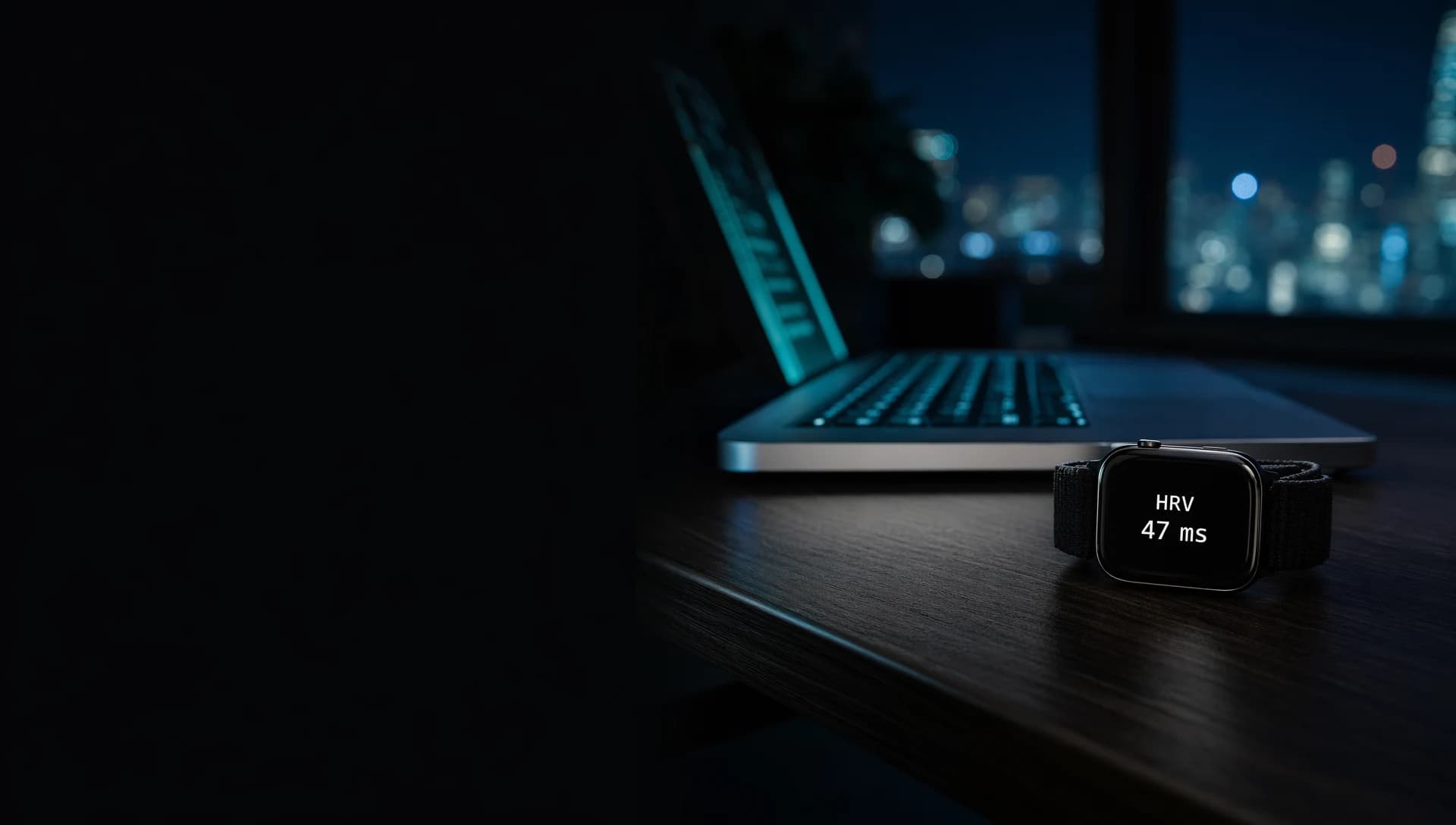 Side view of a founder's dark desk at midnight: Apple Watch showing HRV 47ms, laptop glow teal across the desk, city lights blurred in the distance.